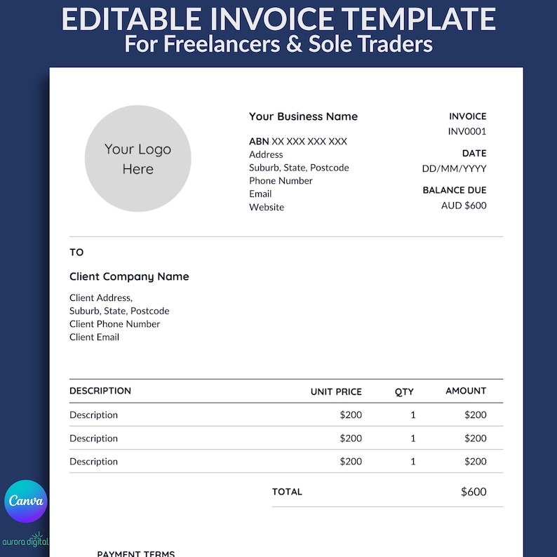 Editable Invoice Template for Freelancers | Canva Business Invoice ...