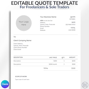 Editable Quote Template for Freelancers | Proposal Template | Small Business Pricing Sheet |  Quote Form | Simple Pricing Document