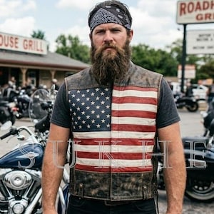 Distressed Leather Motorcycle Vest: American Flag Biker Waistcoat Stars Stripes