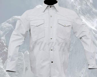 Genuine Leather Western Shirt, Full Sleeve White Snap-Front
