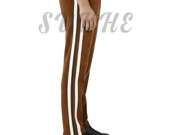 Men's Suede Leather Tracksuit Trousers: Brown Joggers with White Stripes