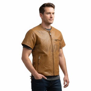 Men's Tan Perforated Leather Shirt - Short Sleeve, Zipper Front image 2