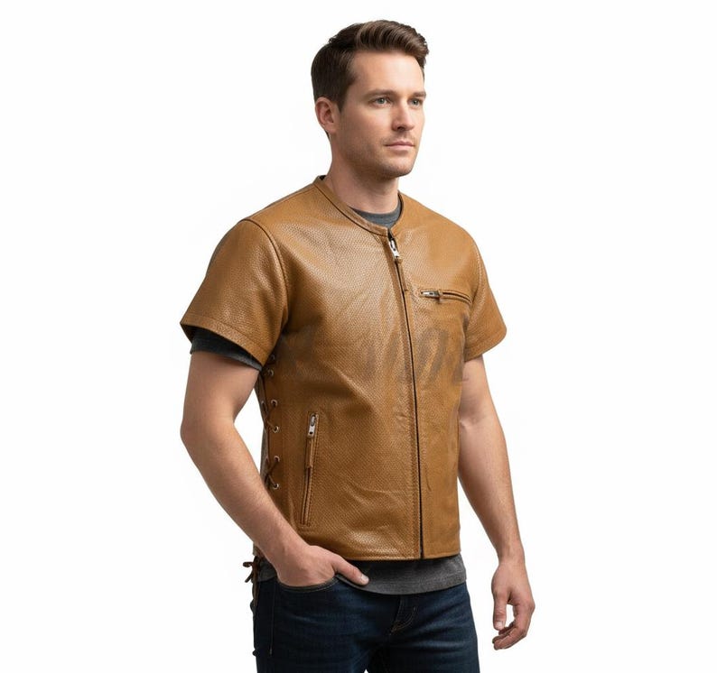 Men's Tan Perforated Leather Shirt - Short Sleeve, Zipper Front image 2