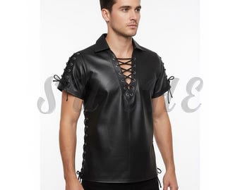 Laced Black Leather Shirt, Short Sleeve - Genuine Premium Quality