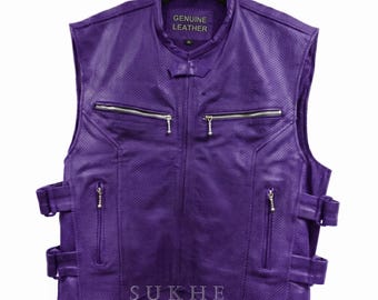 Purple Perforated Genuine Leather Biker Vest for Men – Summer Airflow Rider Style SK-245P