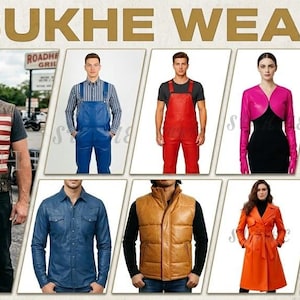 May include: SUKHE WEAR text above a collage of leather and denim apparel. Featured items include a vest with an American flag design, blue overalls, red overalls, a pink bolero, a brown leather shirt, a denim shirt, a tan vest, an orange coat, and a black leather jacket.