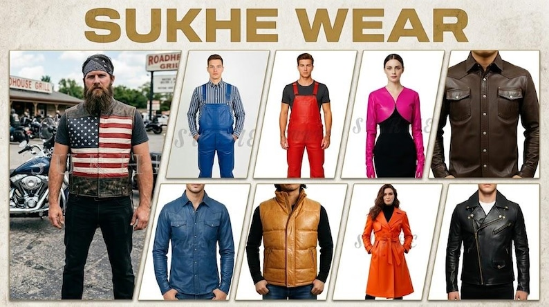 May include: SUKHE WEAR text above a collage of leather and denim apparel. Featured items include a vest with an American flag design, blue overalls, red overalls, a pink bolero, a brown leather shirt, a denim shirt, a tan vest, an orange coat, and a black leather jacket.