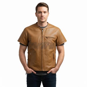 Men's Tan Perforated Leather Shirt - Short Sleeve, Zipper Front image 1
