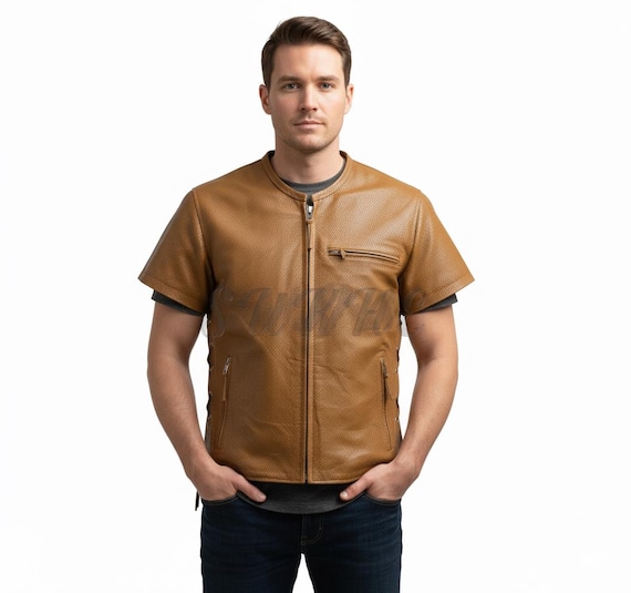 Men's Tan Perforated Leather Shirt - Short Sleeve, Zipper Front