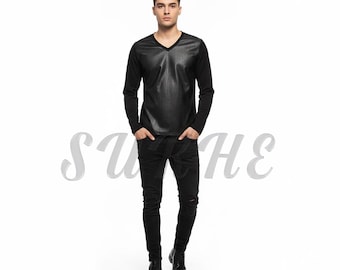 Men's Lambskin Leather & Fabric T-Shirt: Handmade Top Grade
