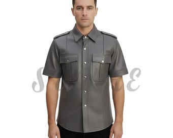 Men's Genuine Leather Shirts Uniform Style Short Sleeve Shirt SK-224M Gray