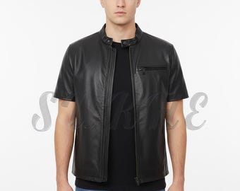 Camisa de cuero negra de manga corta para hombre, bolsillos con cremallera