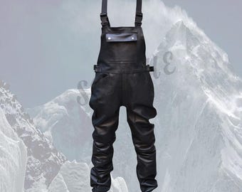 Handgefertigte Dicke Rindsleder Latzhose - Schwarze Latzhose, Alle Größen