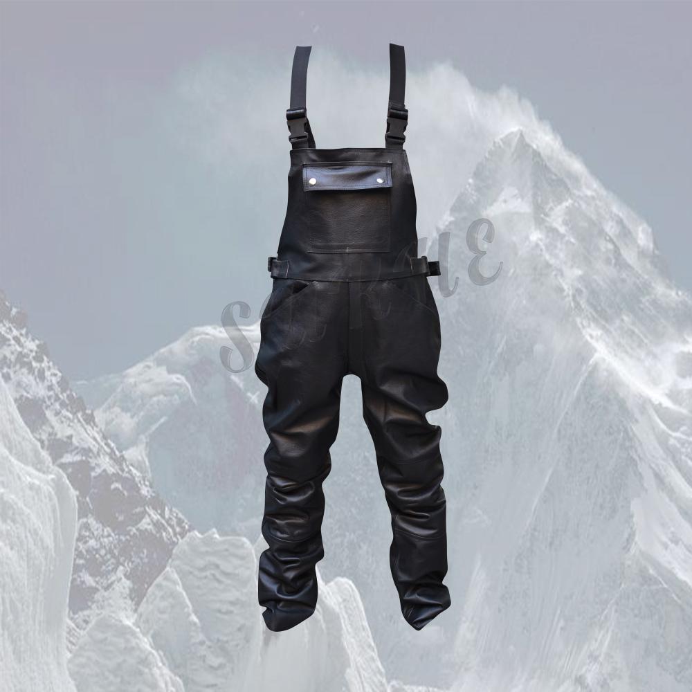 Thick Cowhide Premium Genuine Black Leather Bib Overalls Size