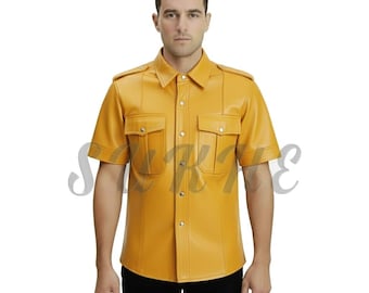 Men's Genuine Leather Shirts Uniform Style Short Sleeve Shirt SK-224M Yellow