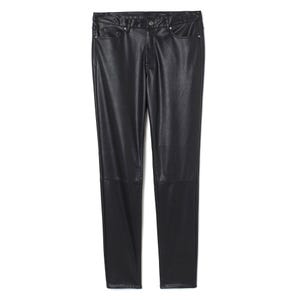 May include: Black faux leather trousers with a classic five-pocket design. The trousers have a straight leg cut and a button and zip closure. The material has a slight sheen, giving them a polished look.
