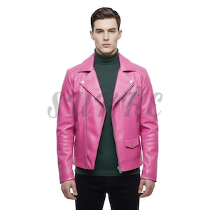 May include: A vibrant pink leather jacket with a classic biker style. Features an asymmetrical zip closure, multiple pockets, and a notched lapel. The model is wearing a dark green turtleneck and black pants.