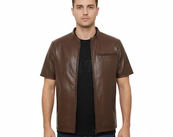 Men's Brown Leather Short Sleeve Shirt - Zipper Front