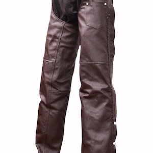 Men&#39;s Premium Cowhide Leather Thick Heavy Duty Biker Motorcycle Chaps Brown Braided New