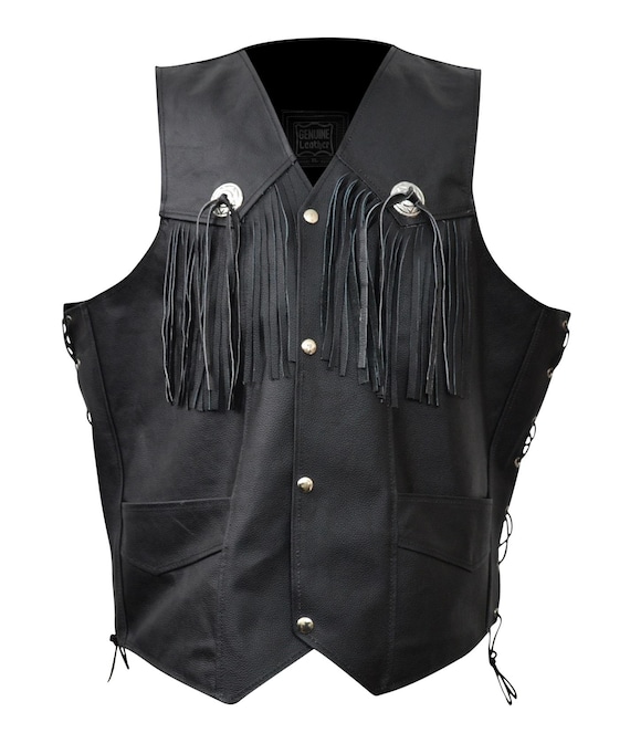 Men's Genuine Leather Fringed Motorcycle Vest, Concho Biker Vest