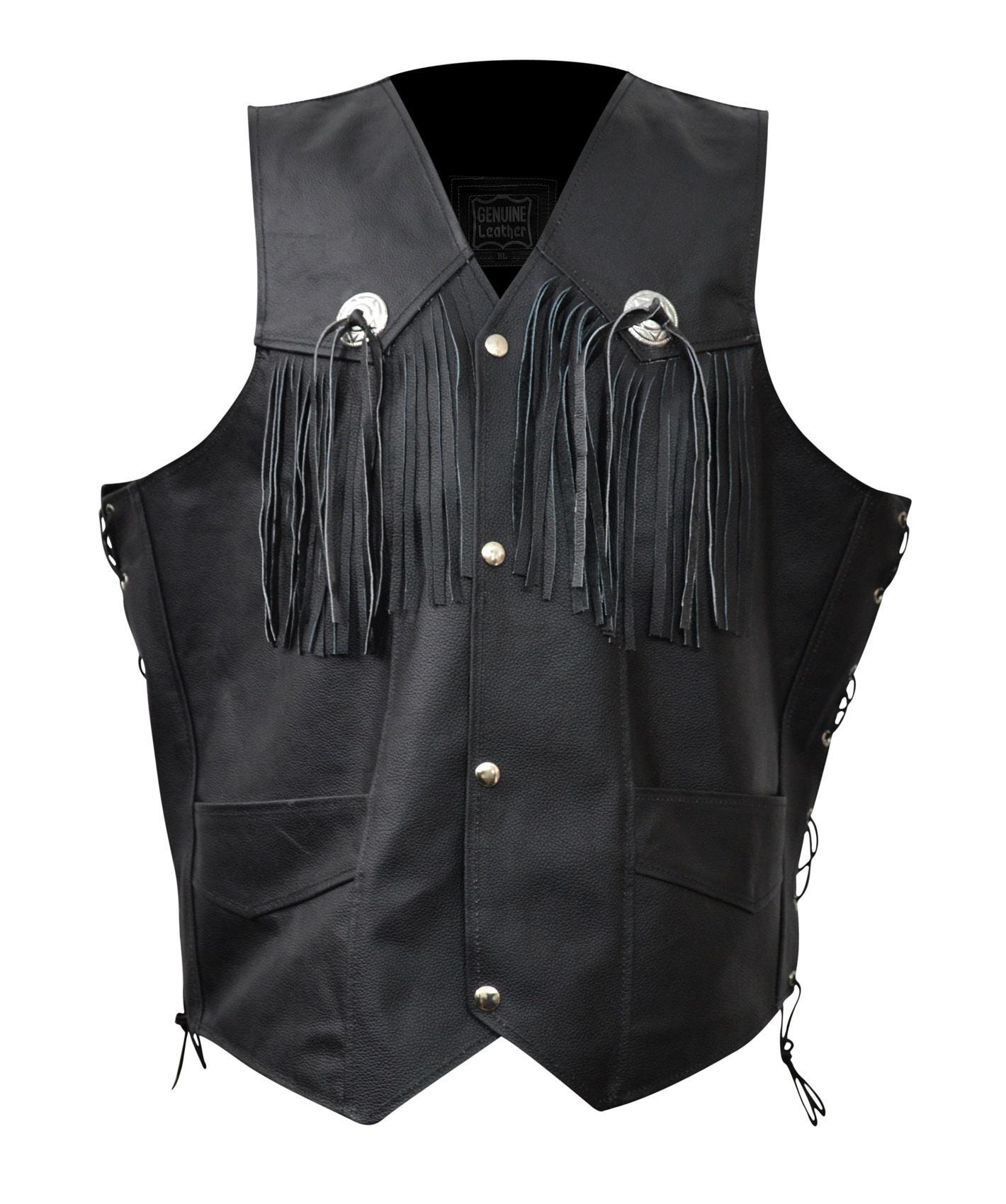 Men's Genuine Leather Fringed Motorcycle Vest, Concho Biker Vest