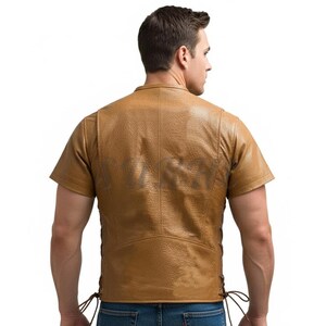 Men's Tan Perforated Leather Shirt - Short Sleeve, Zipper Front image 3