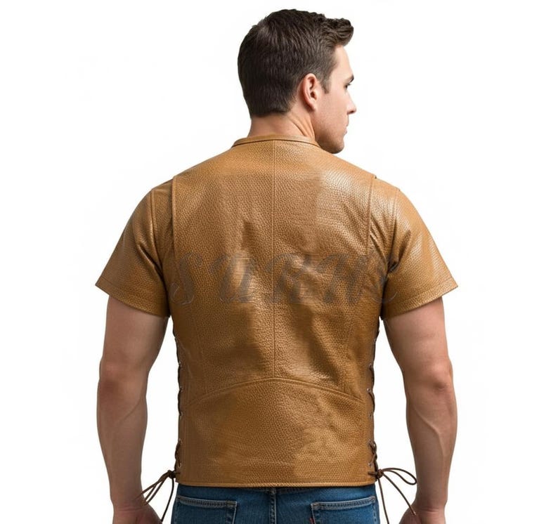 Men's Tan Perforated Leather Shirt - Short Sleeve, Zipper Front image 3
