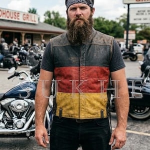 Distressed Leather Motorcycle Vest Germany Flag Biker Waistcoat Patriotic Vests