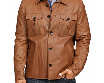 Men's Tan Genuine Leather Shirt Jacket - Full Sleeve