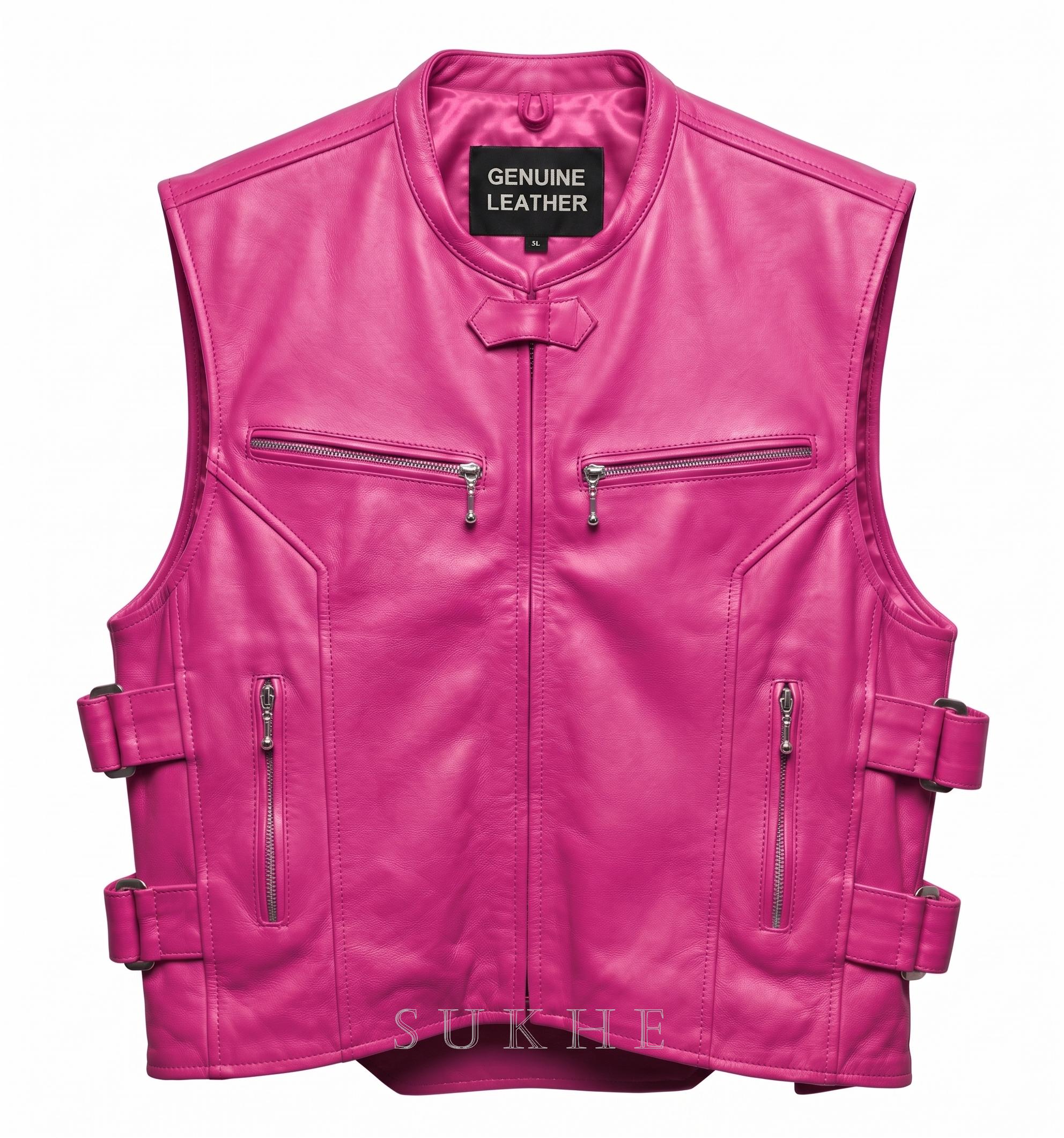 Men's Pink Genuine Leather Biker Vest Motorcycle Lining Armor Vests New Sk-245