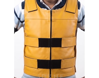 Men's Yellow Genuine Leather Bullet Proof Swat Style Casual Biker Vest Motorcycle Vests New