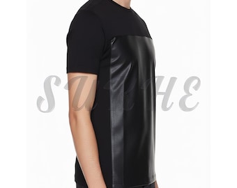 Men's Lambskin Leather & Fabric T-Shirt: Handmade Top Grade