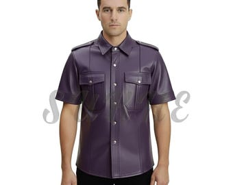 Men's Genuine Leather Shirts Uniform Style Short Sleeve Shirt SK-224M Purple