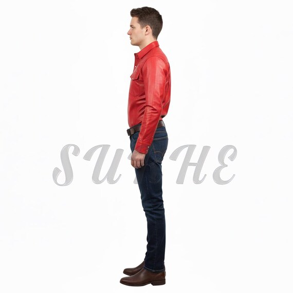 Men's Red Lambskin Leather Shirt, Full Sleeve, Western Style