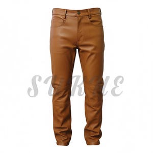 May include: Tan leather trousers with a classic five-pocket design. The trousers have a button closure and belt loops. The leather appears smooth with a slight sheen. Reinforced knee panels add durability. The trousers are a warm, earthy tone.