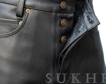 Pantalones ligeros de piel de vacuno fina, estilo vaqueros con cierre de botones, largo personalizado.