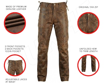 May include: Brown leather pants with adjustable laces at the waist, featuring an original YKK zip. The pants have two front pockets, two back pockets, and a coin pocket. The hem is unfolded to trim to length. The pants are made of premium genuine leather.
