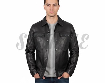 Men's Sheepskin Leather Shirt Jacket: Buttoned Pockets