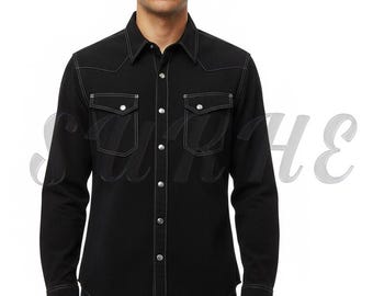 May include: Black long-sleeve shirt with white stitching details. The shirt features two chest pockets with button closures and a classic collar. The shirt is buttoned up and has a tailored fit.