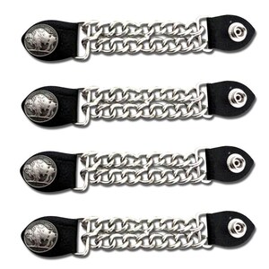 May include: Four black leather vest extenders featuring silver-toned metal chains and circular buffalo nickel coin accents. Each extender includes a metal snap button closure on one end and a buffalo coin emblem on the other, connected by two parallel silver chains.