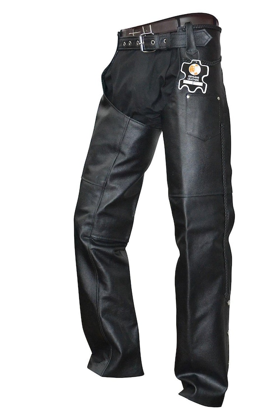 Men's Genuine Leather Biker Chaps – Black Braided Design, Quality