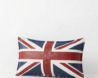 UK British Flag Genuine Leather Lumbar Pillow Cover Throw Cushion