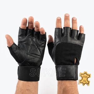 Men's Genuine Leather Weightlifting Gloves with Wrist Wrap, Padded Palm Gym Gloves Fingerless Workout Gloves, Powerlifting CrossFit Training image 1
