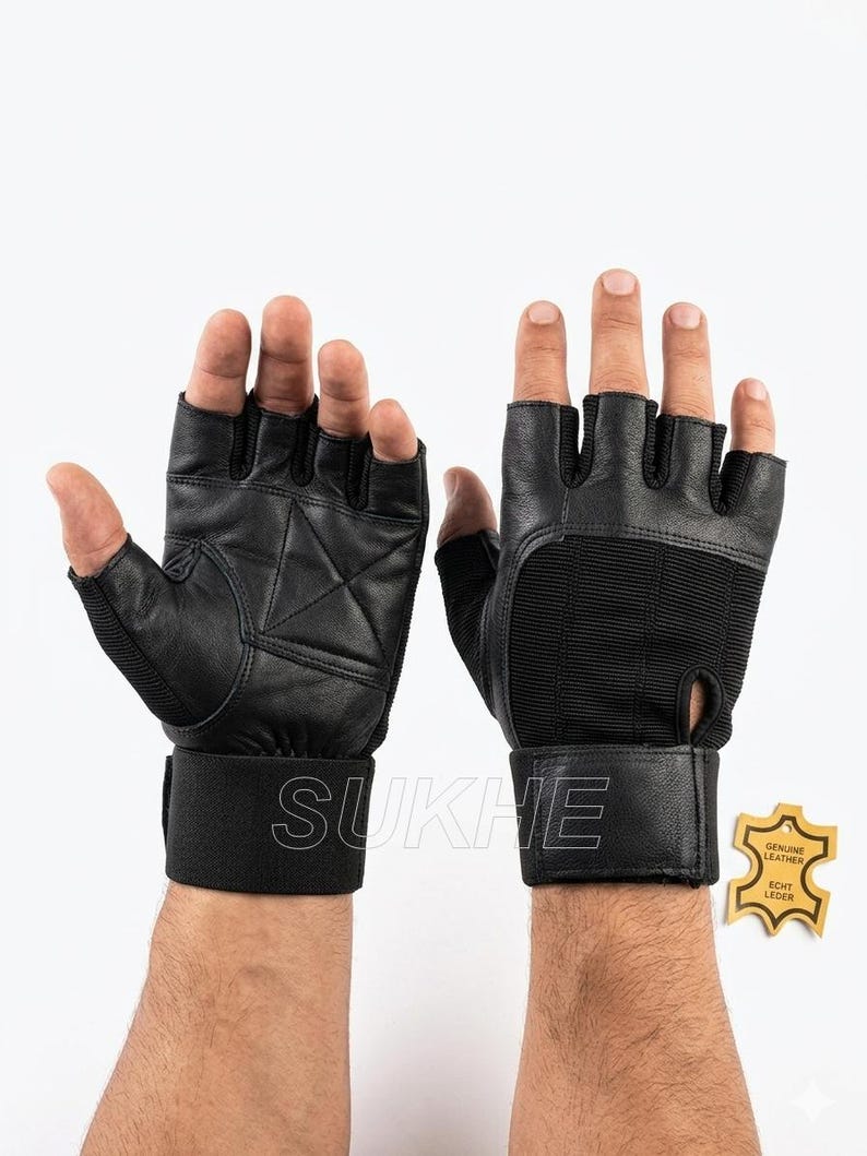 Men's Genuine Leather Weightlifting Gloves with Wrist Wrap, Padded Palm Gym Gloves Fingerless Workout Gloves, Powerlifting CrossFit Training image 1