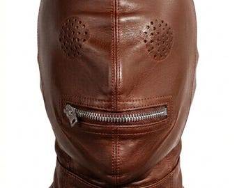 Brown Genuine Leather Mask with Adjustable Laces, Handmade Costume Hood