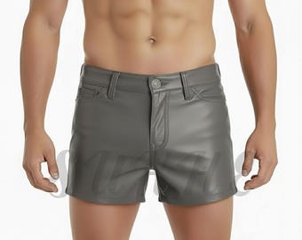 Handmade Gray Men's Genuine Real Leather Short Shorts Jeans Style Shorts New # 514P