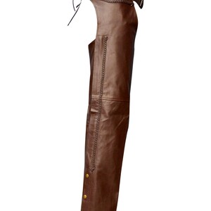 Medium Brown Color Men&#39;s Premium Cowhide Leather Thick Heavy Duty Biker Motorcycle Chaps Braided New
