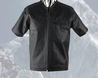 Men's Perforated Black Leather Zipper Shirts Short Sleeve Size Small To 6XL New