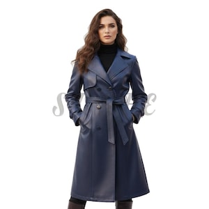 May include: A navy blue leather trench coat with a double-breasted design, a belt, and pockets. The coat is knee-length and has a classic, tailored look. The model is wearing a black turtleneck underneath.