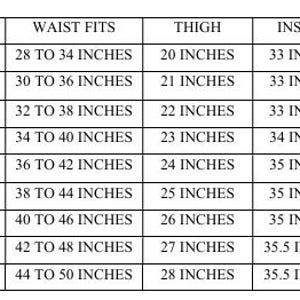May include: A white chart detailing clothing sizes, waist fits, thigh measurements, and inseam lengths in inches. Sizes range from XS to 5XL, with corresponding measurements for each size. The chart is designed to assist customers in selecting the correct clothing size.